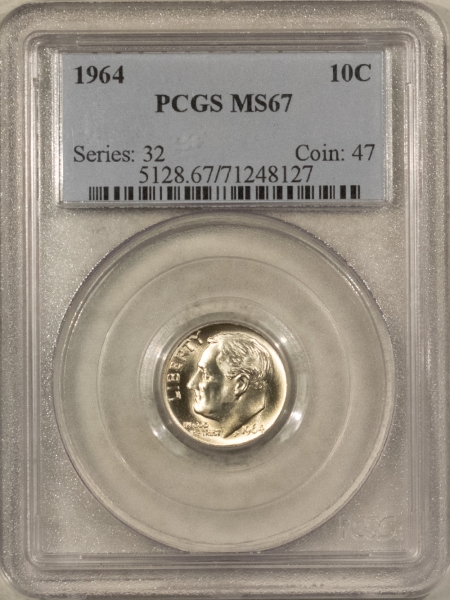 New Certified Coins 1964 ROOSEVELT DIME – PCGS MS-67, ONLY 11 HIGHER! PREMIUM QUALITY!