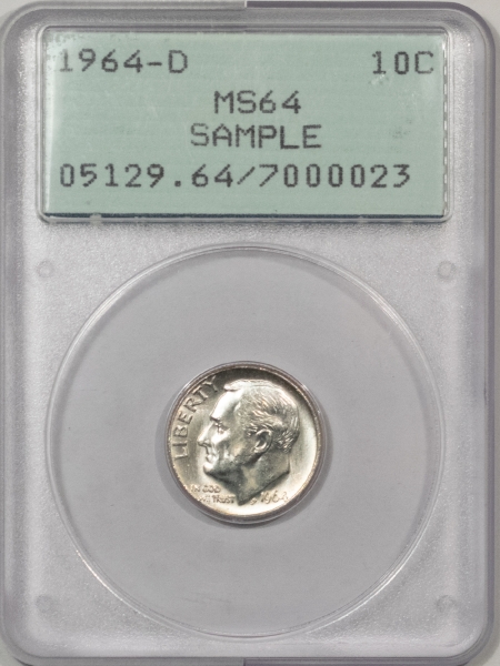 New Certified Coins 1964-D ROOSEVELT DIME, SAMPLE SLAB – PCGS MS-64, RATTLER!