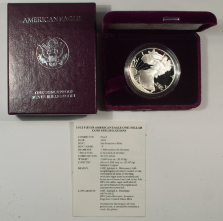 American Silver Eagles 1992 AMERICAN SILVER EAGLE, 1 OZ SILVER BULLION COIN, FRESH GEM PROOF, BOX/COA!