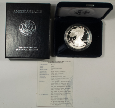 American Silver Eagles 1996 PROOF AMERICAN SILVER EAGLE 1 OZ SILVER BULLION COIN, FRESH GEM PR BOX/COA