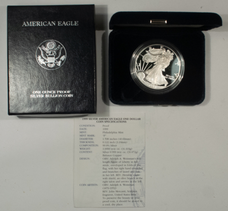 American Silver Eagles 1999 PROOF AMERICAN SILVER EAGLE 1 OZ SILVER BULLION COIN, FRESH GEM PR BOX/COA