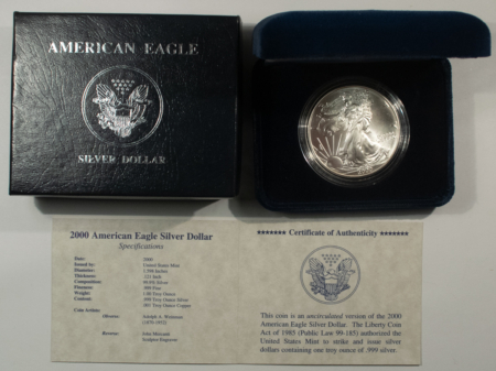 American Silver Eagles 2000 $1 AMERICAN SILVER EAGLE, 1 OZ, .999 – GEM BU WITH BOX AND COA!