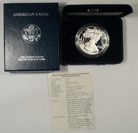 American Silver Eagles 2001 PROOF AMERICAN SILVER EAGLE 1 OZ SILVER BULLION COIN, FRESH GEM PR BOX/COA