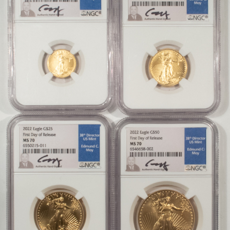 New Store Items 2022 4 COIN AMERICAN GOLD EAGLE COMPLETE SET, 1.85 AGW NGC MS-70 FIRST DAY, MOY!