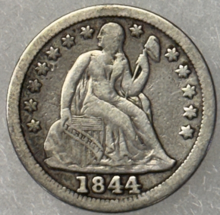 Liberty Seated Dimes 1844 LIBERTY SEATED DIME – CIRCULATED SCARCE DATE, FULL LIBERTY & STRONG DETAILS