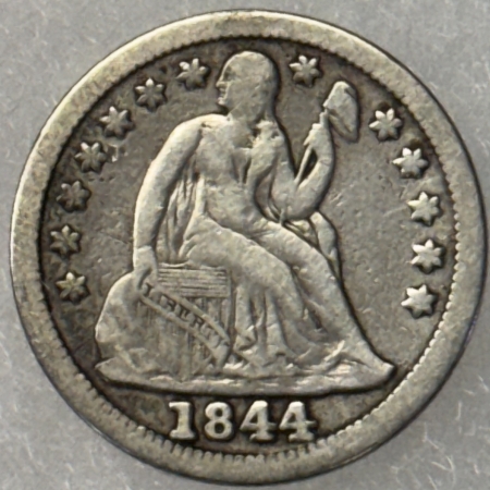 Liberty Seated Dimes 1844 LIBERTY SEATED DIME – CIRCULATED SCARCE DATE, FULL LIBERTY & STRONG DETAILS