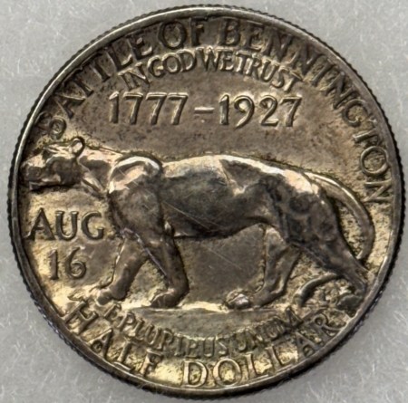 Early Commems 1927 VERMONT COMMEMORATIVE HALF DOLLAR – UNC DETAILS, ORIGINAL TONING, BUT WIPED