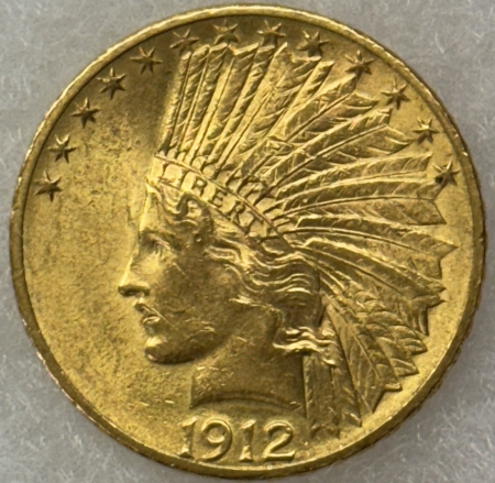 $10 1912 $10 INDIAN GOLD EAGLE – UNCIRCULATED, CLOSE TO CHOICE!