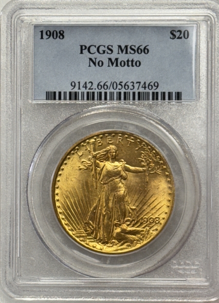 $20 1908 $20 ST GAUDENS GOLD DOUBLE EAGLE, NO MOTTO – PCGS MS-66