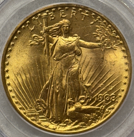 $20 1908 $20 ST GAUDENS GOLD DOUBLE EAGLE, NO MOTTO – PCGS MS-66