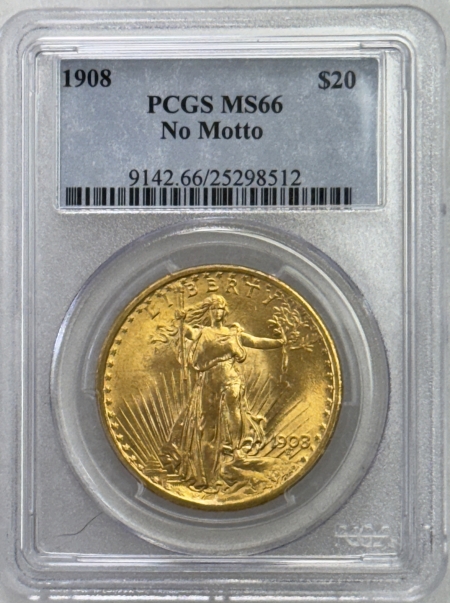 $20 1908 $20 ST GAUDENS GOLD DOUBLE EAGLE, NO MOTTO – PCGS MS-66