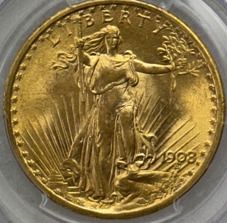 $20 1908 $20 ST GAUDENS GOLD DOUBLE EAGLE, NO MOTTO – PCGS MS-66