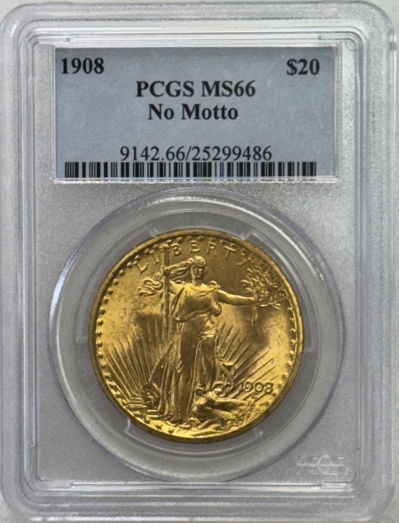 $20 1908 $20 ST GAUDENS GOLD DOUBLE EAGLE, NO MOTTO – PCGS MS-66