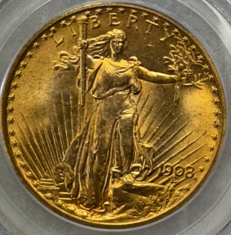 $20 1908 $20 ST GAUDENS GOLD DOUBLE EAGLE, NO MOTTO – PCGS MS-66