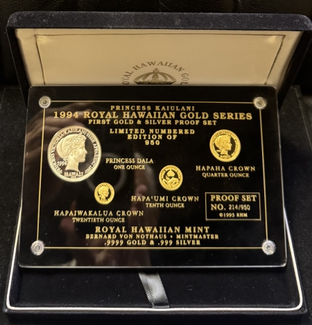 Bullion 1994 OFFICIAL HAWAII SOVEREIGN GOLD/SILVER GEM PROOF SET-ORIGINAL PKG-.4 OZ AGW!