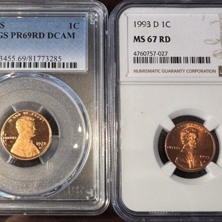 Lincoln Cents (Memorial) 1978-S, 1993-D LINCOLN CENTS LOT OF 2 COINS – PCGS PR-69 RD DCAM & NGC MS-67 RD