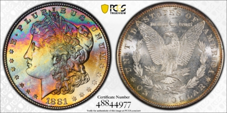 Morgan Dollars 1881-S $1 MORGAN DOLLAR – PCGS MS-67+, MONSTER COLOR! WOW! SUPERB GEM!