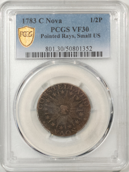 Colonials 1783 NOVA CONSTELLATIO COLONIAL 1/2P, POINTED RAYS, SM US PCGS VF-30 WELL STRUCK