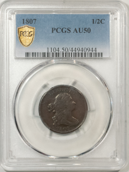 Draped Bust Half Cents 1807 DRAPED BUST HALF CENT – PCGS AU-50, CHOCOLATE BROWN AND NICE!