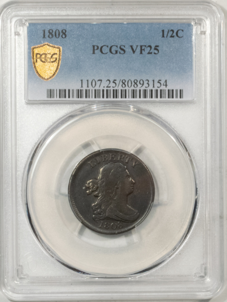 Draped Bust Half Cents 1808 DRAPED BUST HALF CENT – PCGS VF-25, ROTATED REVERSE SMOOTH BROWN!