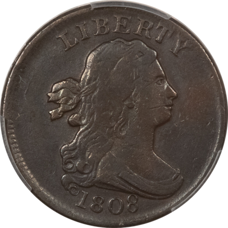 Draped Bust Half Cents 1808 DRAPED BUST HALF CENT – PCGS VF-25, ROTATED REVERSE SMOOTH BROWN!