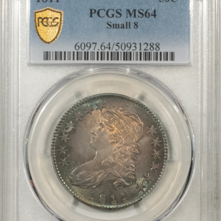 Early Halves 1811 CAPPED BUST HALF DOLLAR, SMALL 8 – PCGS MS-64, LOOKS GEM! GORGEOUS AND PQ!