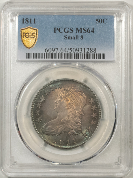 Early Halves 1811 CAPPED BUST HALF DOLLAR, SMALL 8 – PCGS MS-64, LOOKS GEM! GORGEOUS AND PQ!