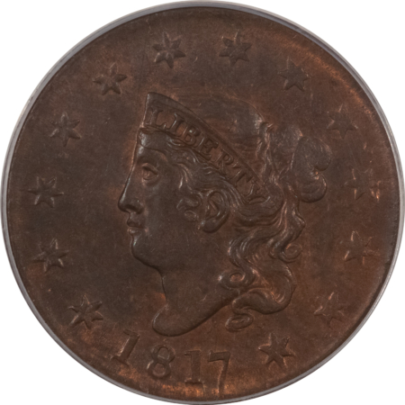 Coronet Head Large Cents 1817 CORONET HEAD LARGE CENT, 13 STARS – PCGS MS-62 RB, ORIGINAL AND TOUGH!