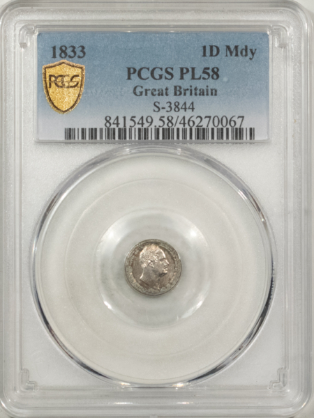 New Certified Coins 1833 GREAT BRITAIN SILVER MAUNDY PENNY, S-3844 – PCGS PL-58 VERY PRETTY!