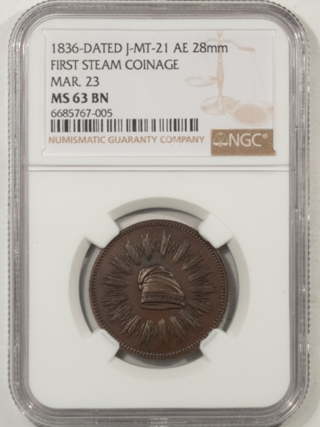 Exonumia 1836 J-MT-21 AE 28MM FIRST STEAM COINAGE TOKEN, COPPER MAR 23 NGC MS63 BN TOUGH!