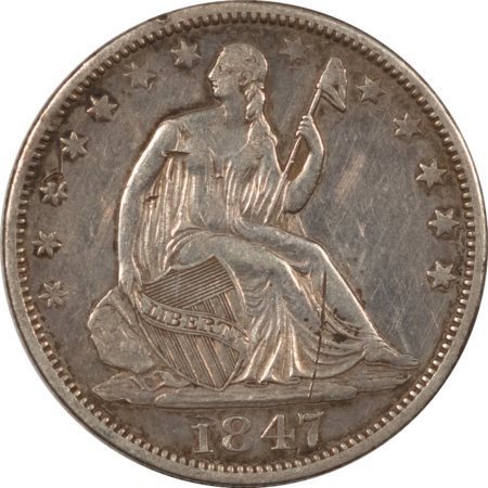 Liberty Seated Halves 1847-O SEATED LIBERTY HALF DOLLAR – ABOUT UNCIRCULATED DETAILS, OBVERSE SCRATCH!