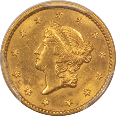 $1 1849 $1 GOLD DOLLAR, CLOSED WREATH – PCGS MS-63, CHOICE & ATTRACTIVE! FIRST YEAR