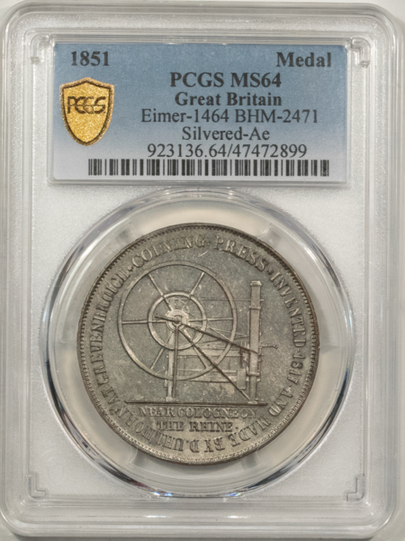 Exonumia 1851 GREAT BRITAIN INTL EXPO COIN PRESS MEDAL BHM-2471 SILVERED-AE PCGS MS64