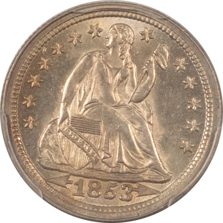 Liberty Seated Dimes 1853 SEATED LIBERTY DIME, ARROWS – PCGS MS-64, LUSTROUS & NICE!