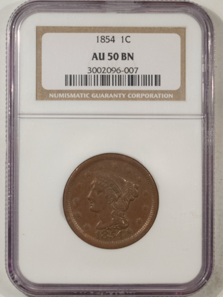 Braided Hair Large Cents 1854 BRAIDED HAIR LARGE CENT – NGC AU-50 BN