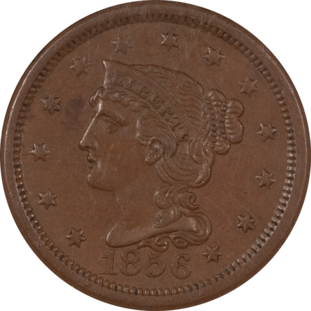 Braided Hair Large Cents 1856 BRAIDED HAIR LARGE CENT – ANACS AU-55, UPRIGHT 5, OLD ANA HOLDER!