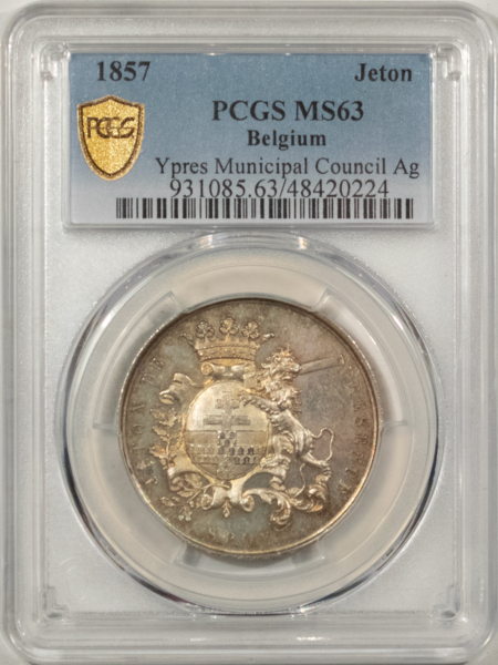 Exonumia 1857 BELGIUM SILVER JETON, Y PRES MUNICIPAL COUNCIL AG – PCGS MS-63, ATTRACTIVE