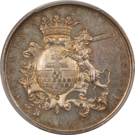 Exonumia 1857 BELGIUM SILVER JETON, Y PRES MUNICIPAL COUNCIL AG – PCGS MS-63, ATTRACTIVE