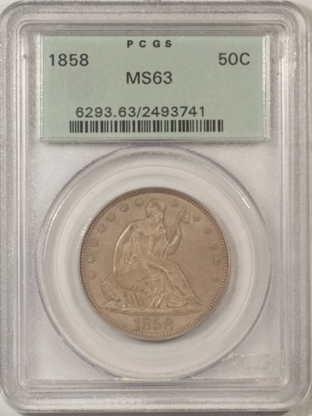 Liberty Seated Halves 1858 SEATED LIBERTY HALF DOLLAR – PCGS MS-63, ORIGINAL, OLD GREEN HOLDER!