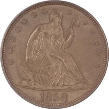 Liberty Seated Halves 1858 SEATED LIBERTY HALF DOLLAR – PCGS MS-63, ORIGINAL, OLD GREEN HOLDER!