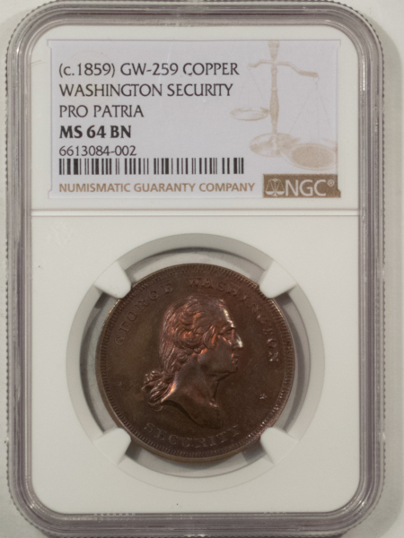 Civil War & Hard Times 1859 COPPER WASHINGTON SECURITY PRO PATRIA GW259 LOVETT MEDAL NGC MS64 BN PRETTY