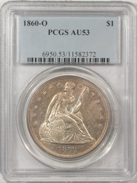 Liberty Seated Dollars 1860-O LIBERTY SEATED DOLLAR – PCGS AU-53, FRESH LUSTROUS & REALLY NICE!