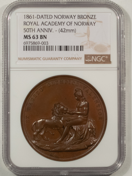 Exonumia 1861 NORWAY BRONZE ROYAL ACADEMY OF NORWAY 50TH ANNIVERSARY NGC MS-63 BN LOVELY!