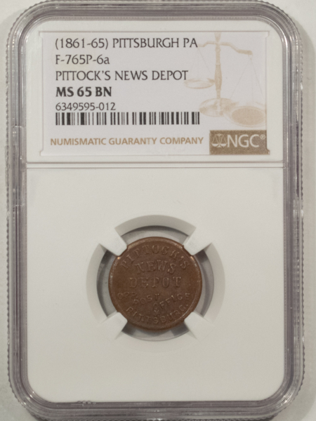 Civil War & Hard Times (1861-65) PITTSBURGH PA CWT F-765p-6a PITTOCKS NEWS DEPOT, R-5 NGC MS-65 BN, GEM