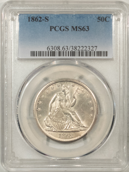 Liberty Seated Halves 1862-S LIBERTY SEATED HALF DOLLAR PCGS MS-63 WHITE MARK-FREE, RARE CIVIL WAR ERA