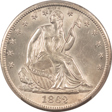 Liberty Seated Halves 1862-S LIBERTY SEATED HALF DOLLAR PCGS MS-63 WHITE MARK-FREE, RARE CIVIL WAR ERA