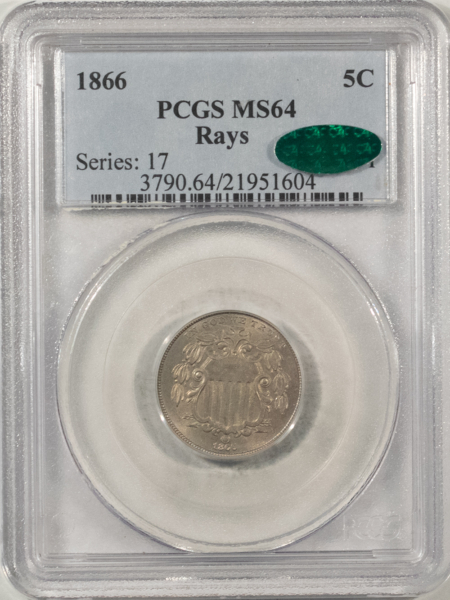 CAC Approved Coins 1866 SHIELD NICKEL, RAYS – PCGS MS-64, PREMIUM QUALITY, FRESH & CAC APPROVED!