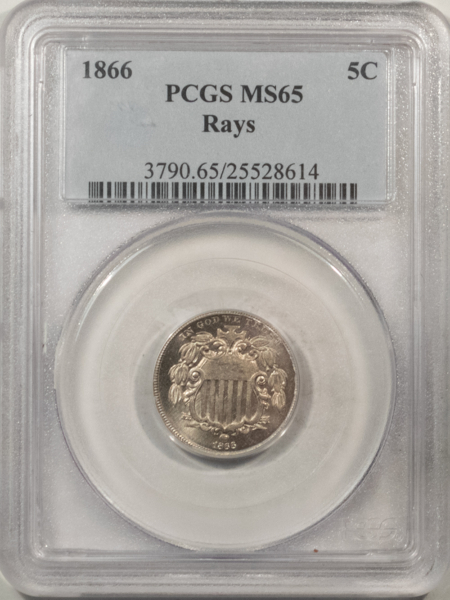 New Certified Coins 1866 SHIELD NICKEL, RAYS – PCGS MS-65, PL OBVERSE! WOW!