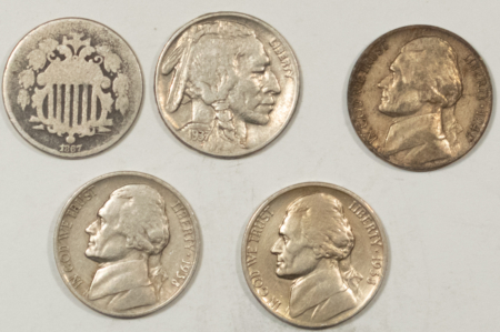 New Store Items 1867, 1938-D x2, 1937, 1942-D, LOT OF 5 NICKELS – MIXED CONDITIONS!