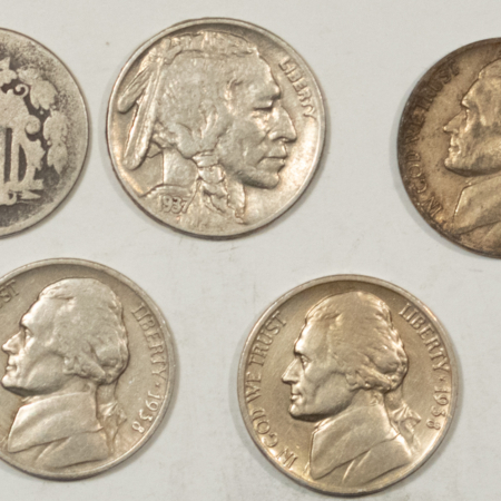 New Store Items 1867, 1938-D x2, 1937, 1942-D, LOT OF 5 NICKELS – MIXED CONDITIONS!